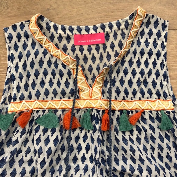 Blue & white top with embroidery and tassels - Picture 2 of 3